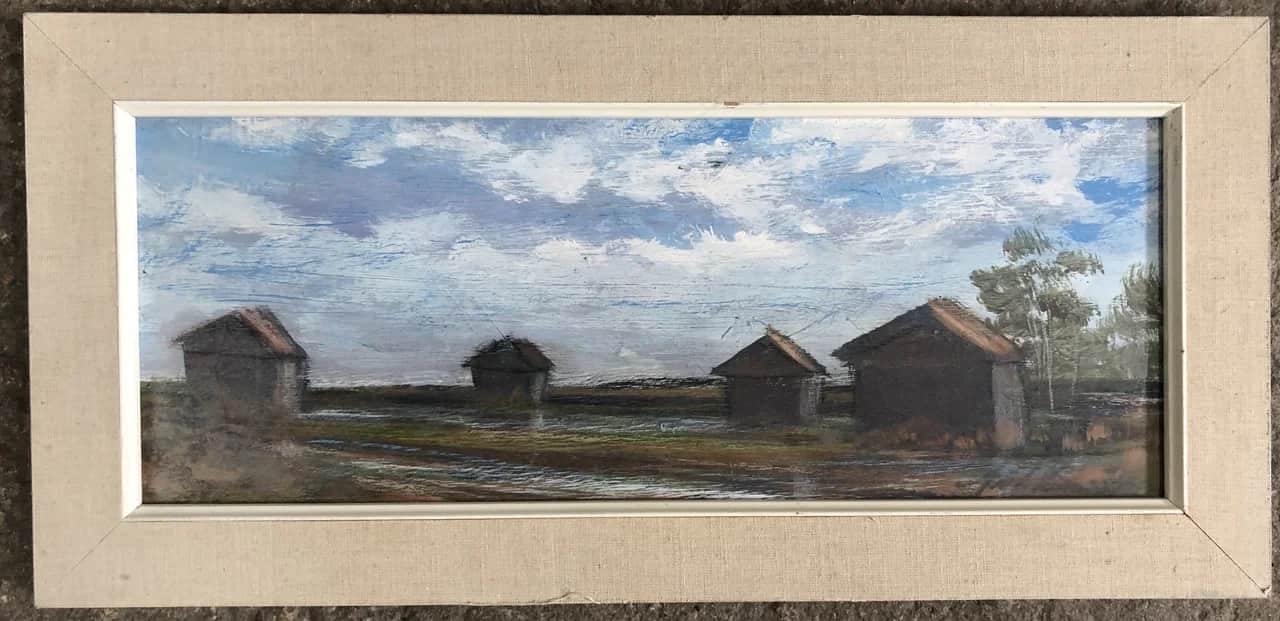 Oljemålning, Landskap med skjul, signerad