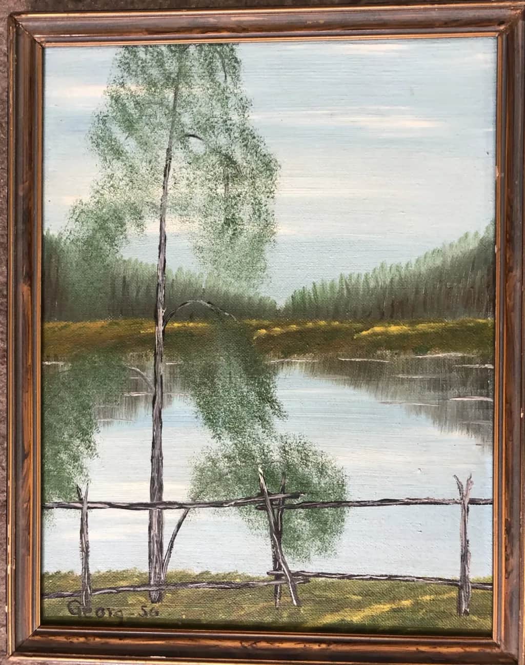 Oljemålning, Björkar vid sjö, signerad Georg