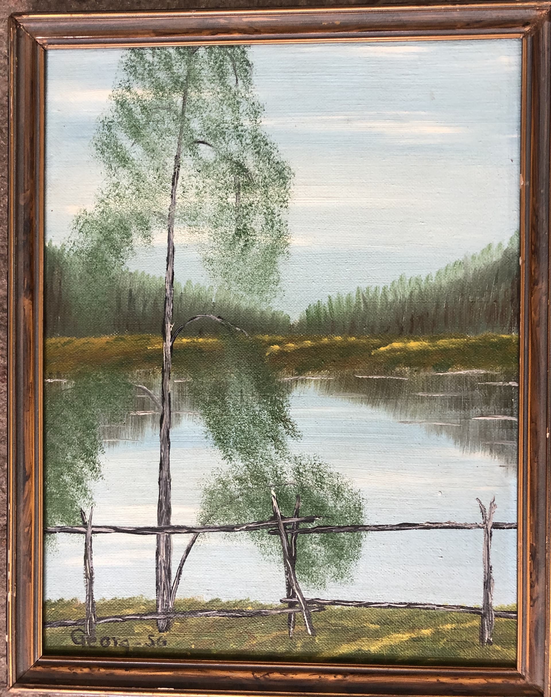 Oljemålning, Björkar vid sjö, signerad Georg